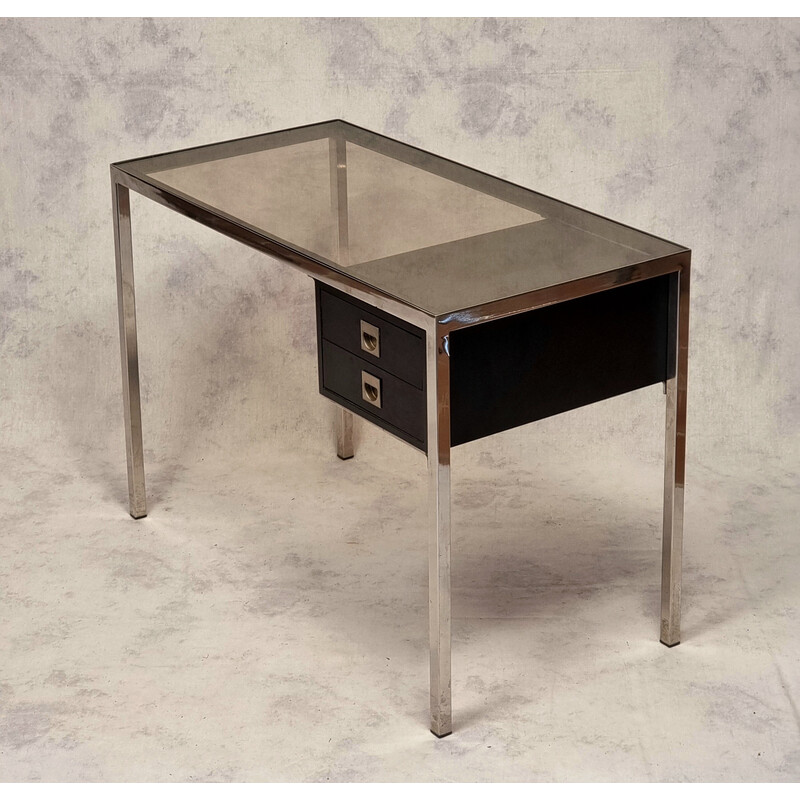 Bureau vintage en métal chromé et  bois de Guy Lefèvre, 1970