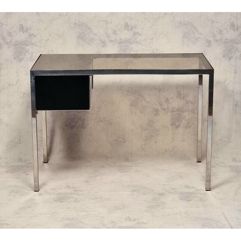 Vintage chrome metal and wood desk by Guy Lefèvre, 1970