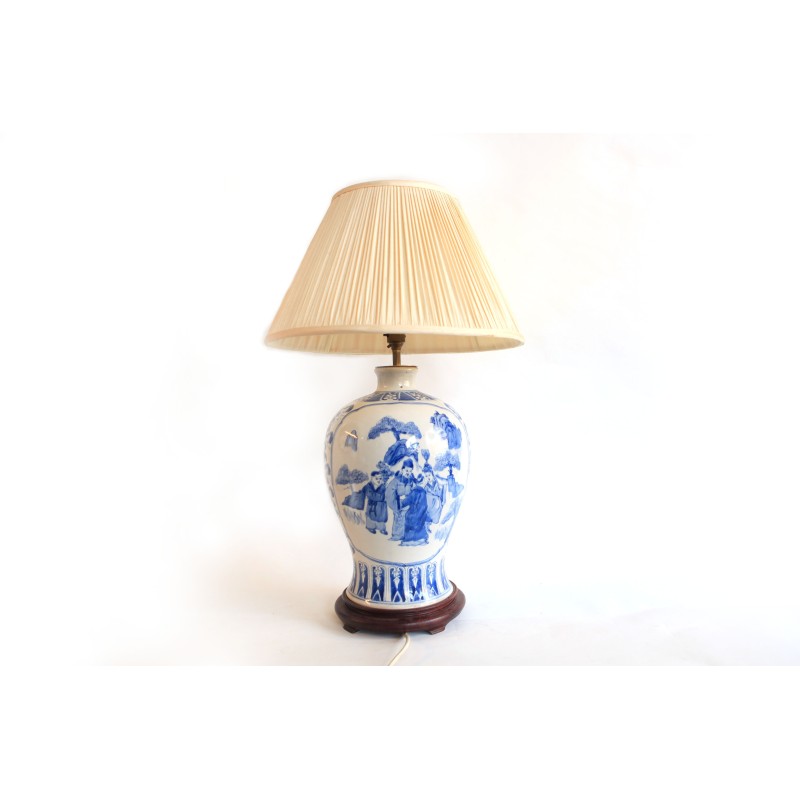 Vintage Tischlampe aus blauem und weißem Porzellan