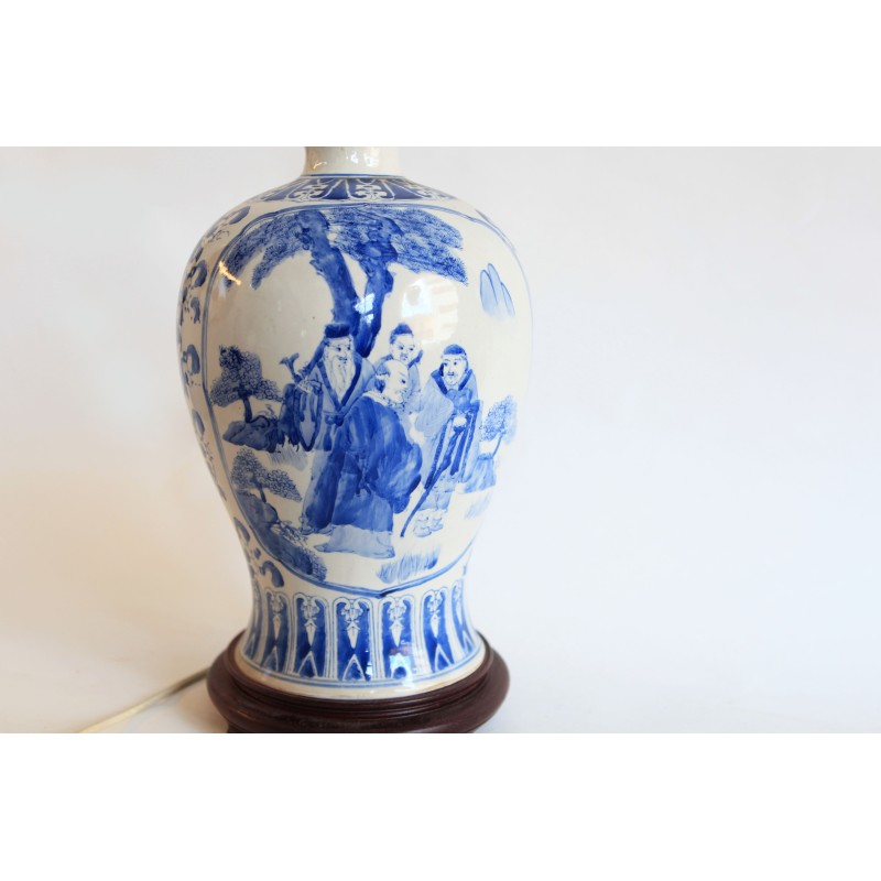 Lampe de table vintage en porcelaine bleu et blanc