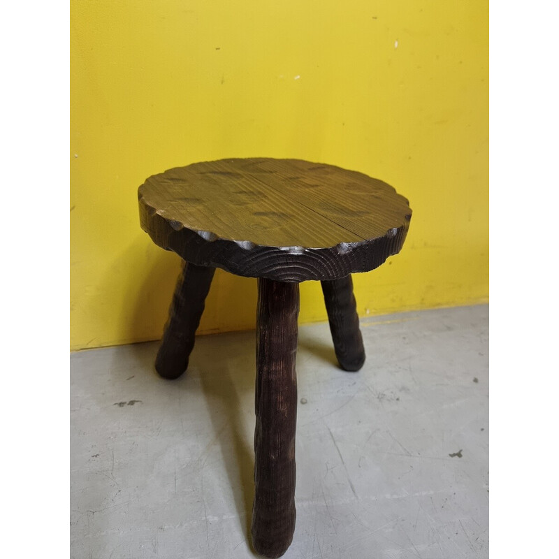 Vintage tripod stool in dark stained pine wood, France 1970