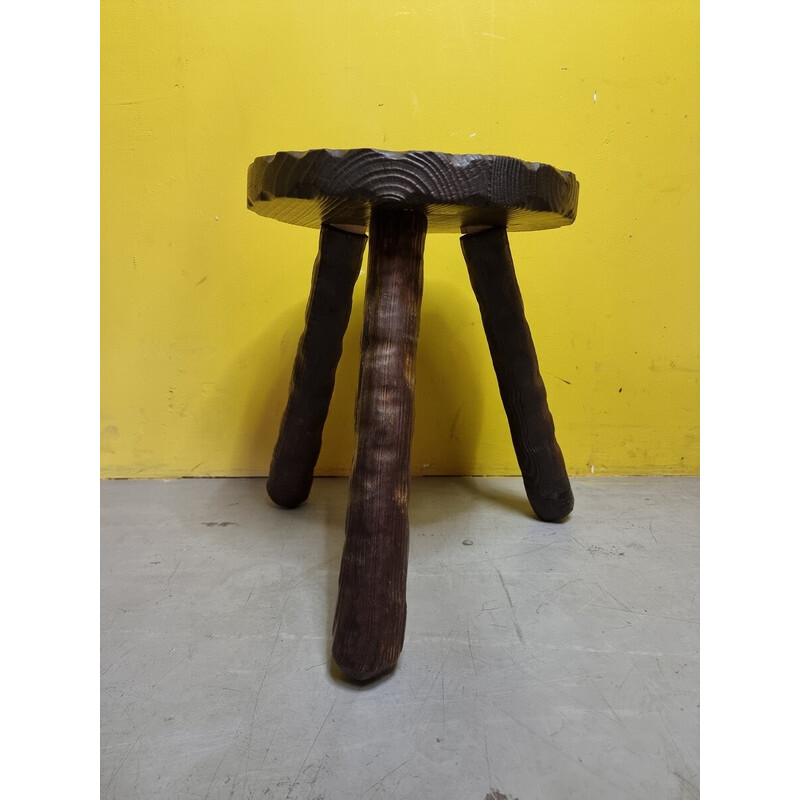 Vintage tripod stool in dark stained pine wood, France 1970