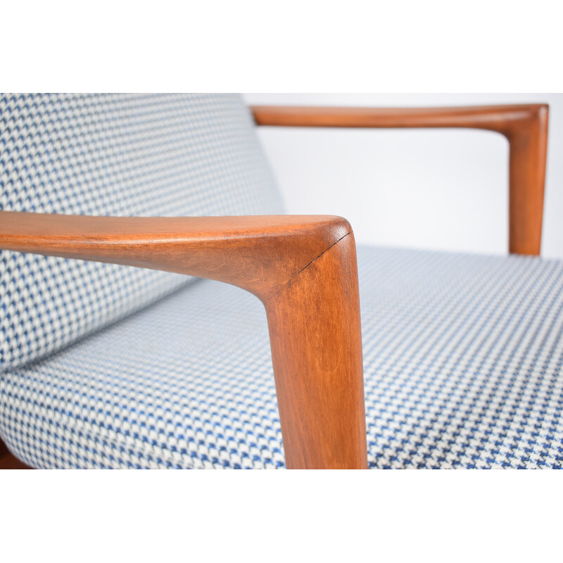 Vintage houndstooth armchair in teak stain and fabric for Swarzędz, 1960