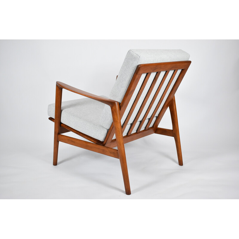 Vintage Stefan armchair in teak stain and light gray fabric for Swarzędz, 1960