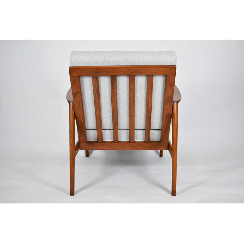 Vintage Stefan armchair in teak stain and light gray fabric for Swarzędz, 1960