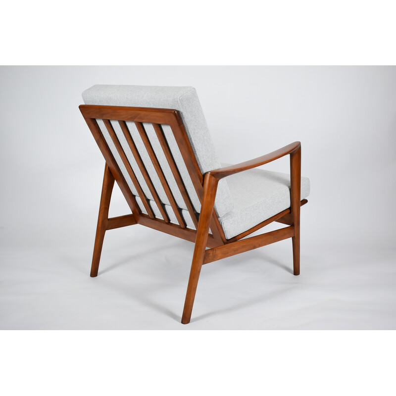 Vintage Stefan armchair in teak stain and light gray fabric for Swarzędz, 1960