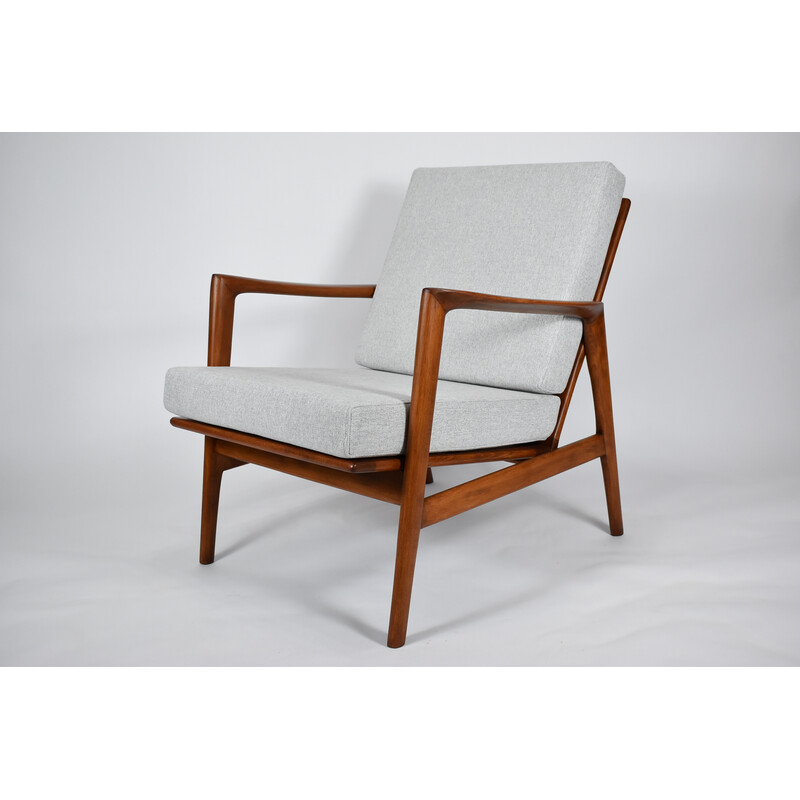 Vintage Stefan armchair in teak stain and light gray fabric for Swarzędz, 1960