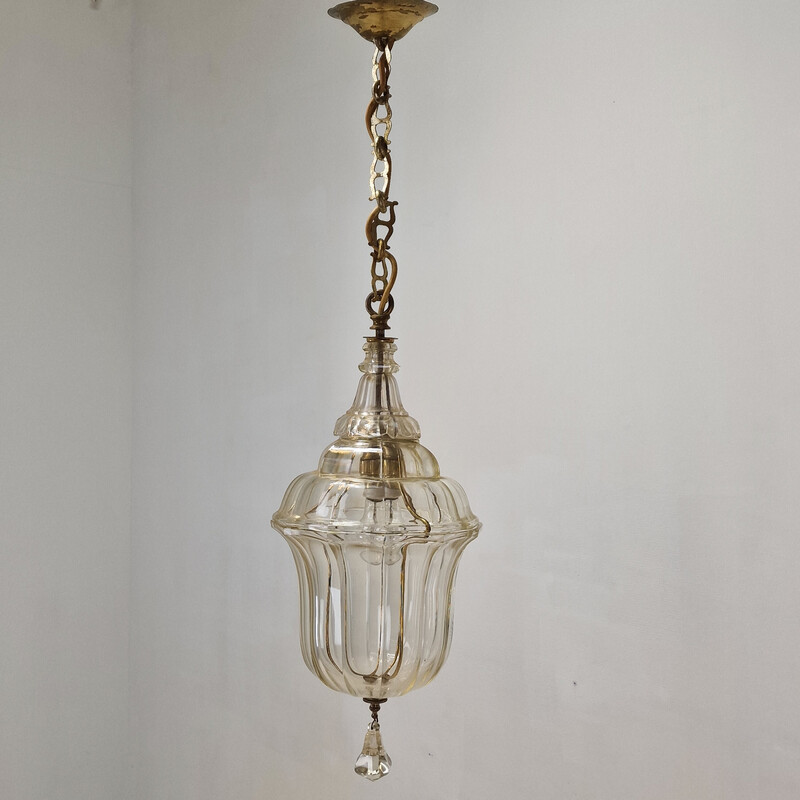 Vintage lantaarn in geslepen kristal en messing, Italië 1920