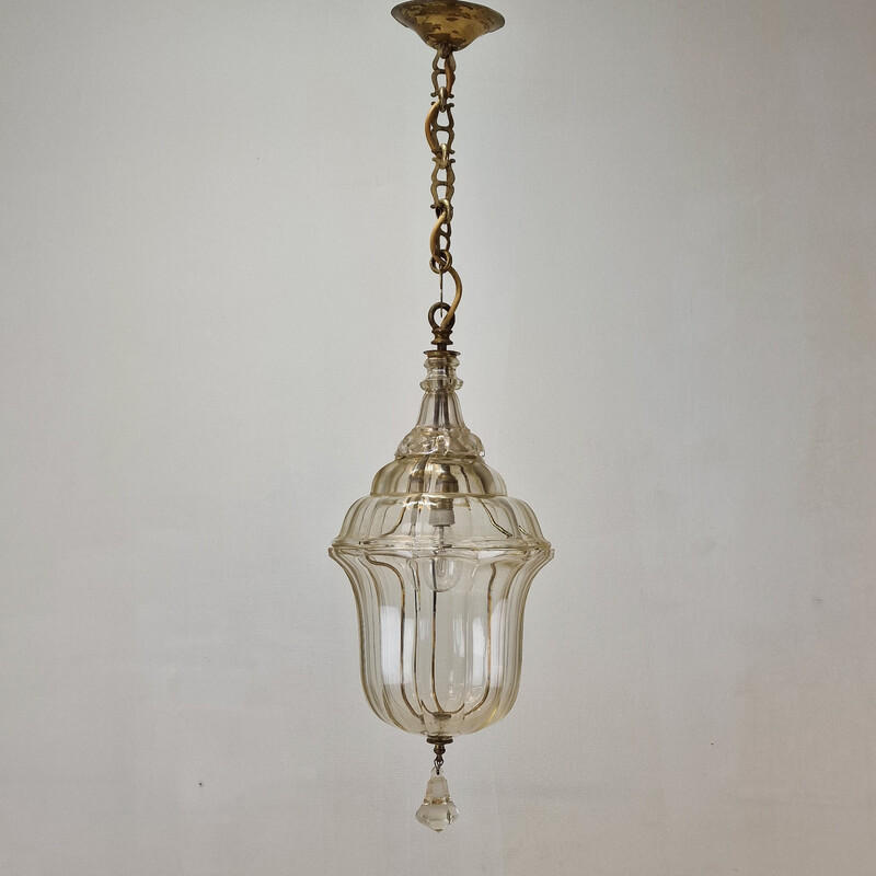 Lanterna d'epoca in cristallo tagliato e ottone, Italia 1920