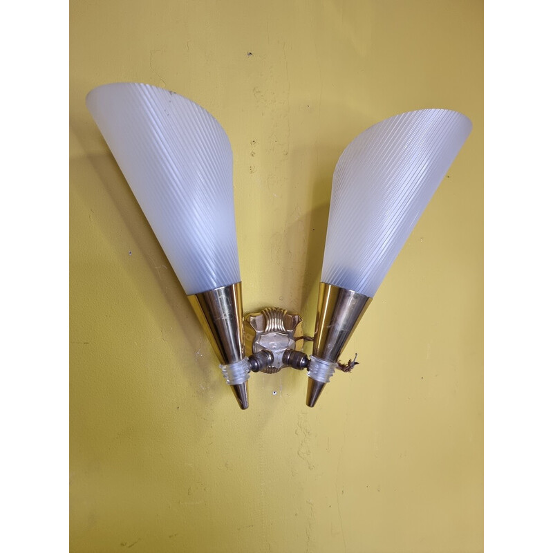 Pair of vintage plastic and brass wall lamp, France 1960