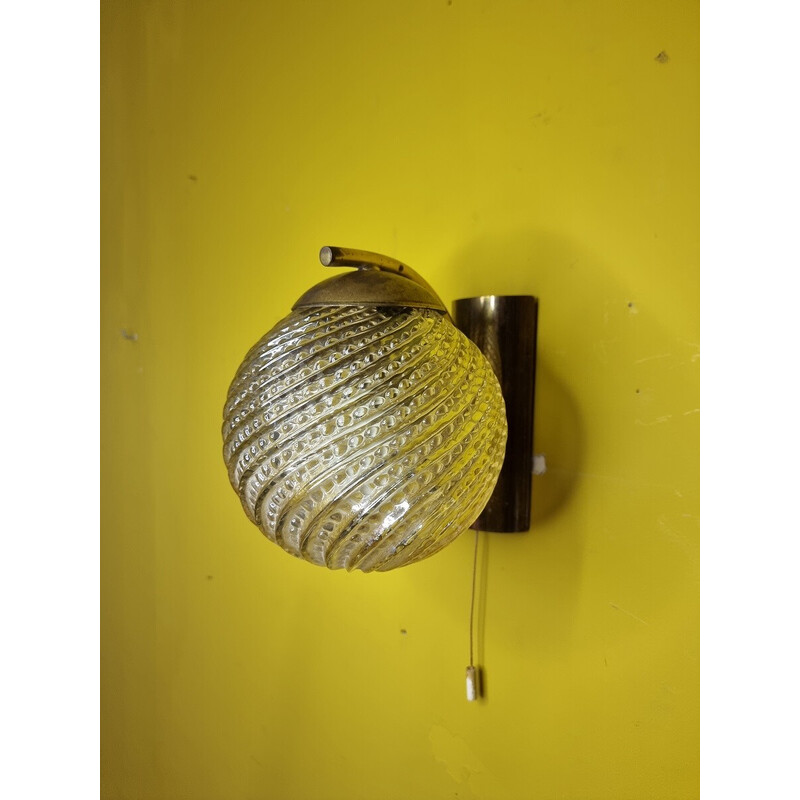 Vintage wall lamp with glass ball and brass fixture, 197