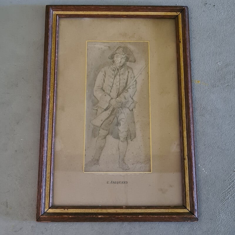 Pintura vintage representando o desenho de um soldado por C. Jacquand, 1832
