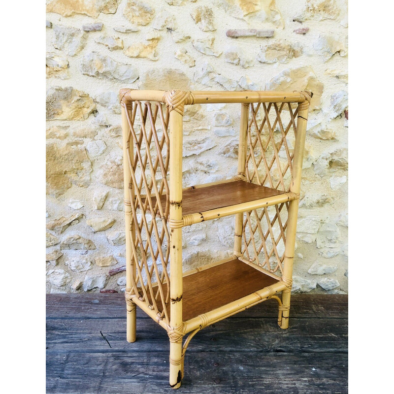 Vintage library shelf in blond wood and bamboo with 3 levels, 1970