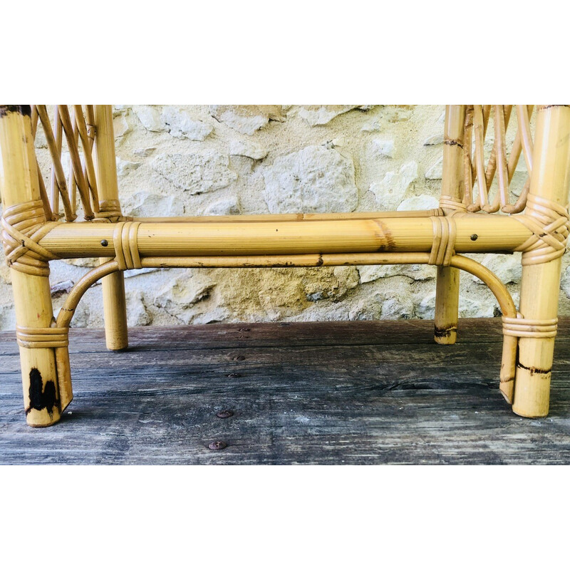 Vintage library shelf in blond wood and bamboo with 3 levels, 1970