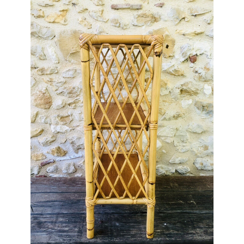 Vintage library shelf in blond wood and bamboo with 3 levels, 1970