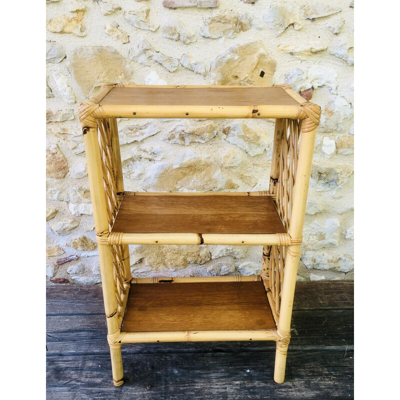 Vintage library shelf in blond wood and bamboo with 3 levels, 1970