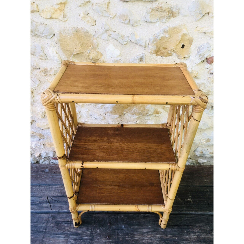 Vintage library shelf in blond wood and bamboo with 3 levels, 1970