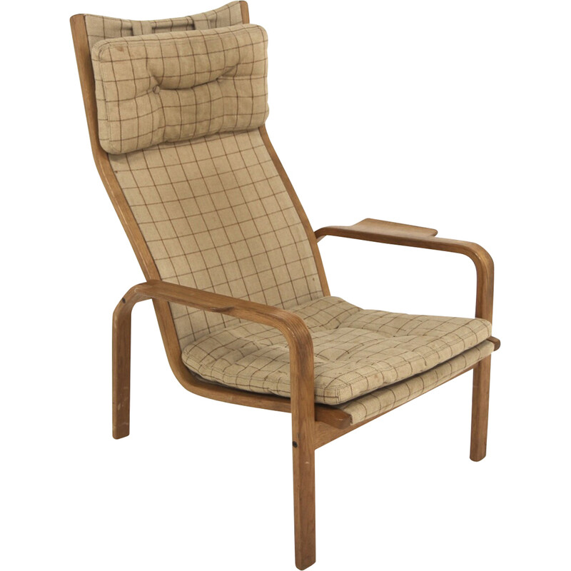 Fauteuil vintage en chêne et tissu par Yngve Ekström pour Swedese, Suède 1970