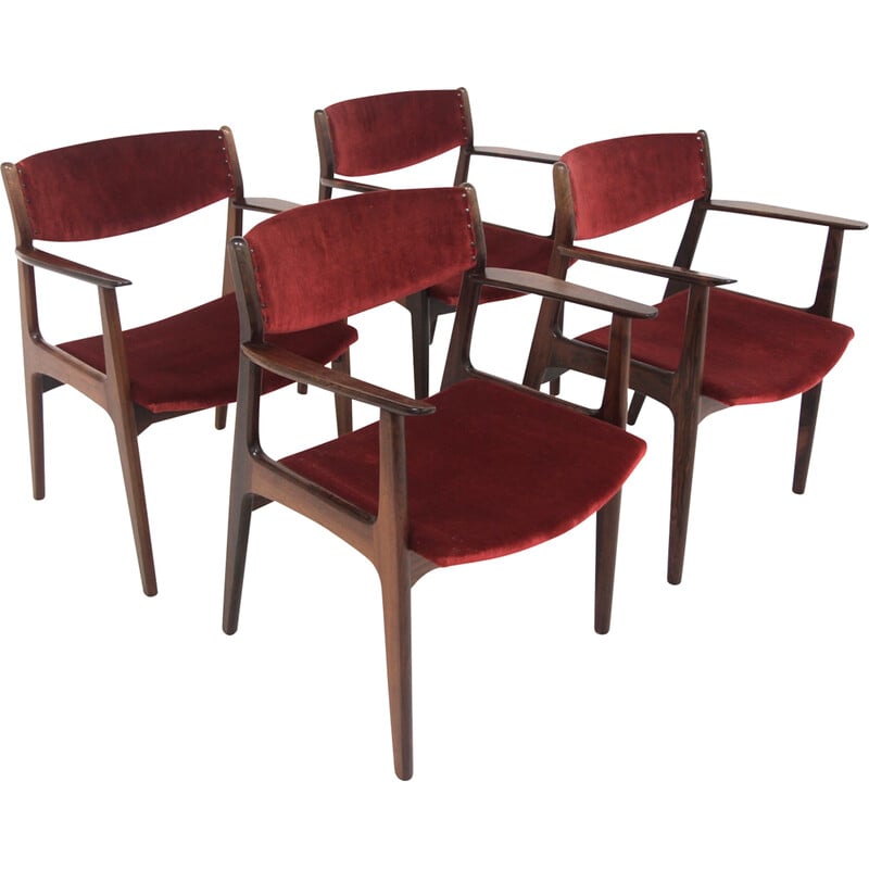 Lot de 4 chaises vintage en palissandre et velours par Henning Kjaernulf pour Sorø Stolefabrik, Danemark 1960