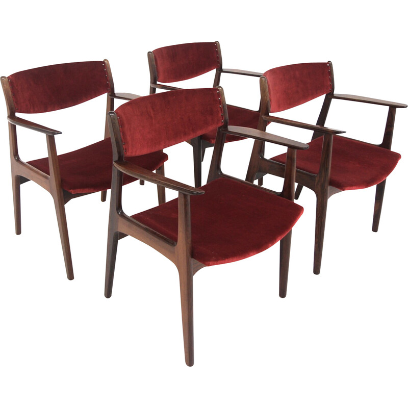Set of 4 vintage rosewood and velvet chairs by Henning Kjaernulf for Sorø Stolefabrik, Denmark 1960