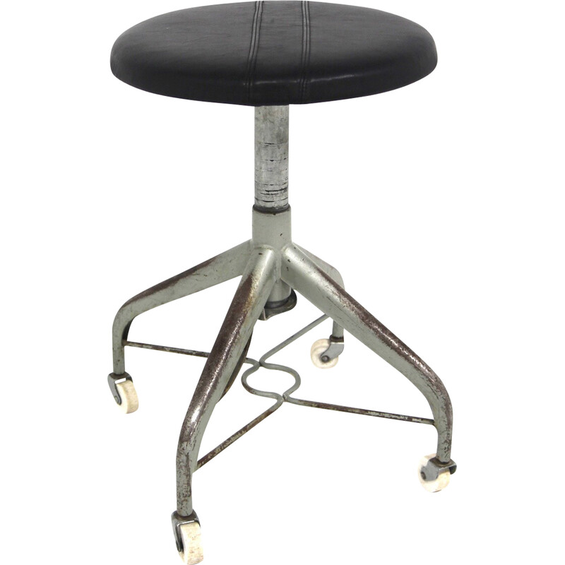 Vintage metal and leather stool, Sweden 1950