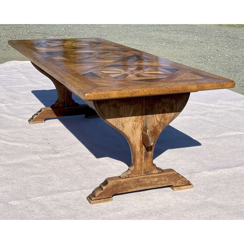 Vintage monastery table with inlaid top and oak base, 1930
