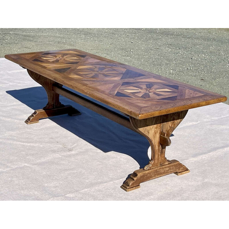 Vintage monastery table with inlaid top and oak base, 1930