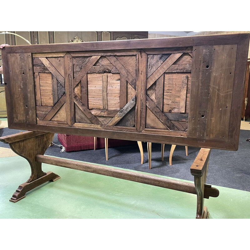 Table monastère vintage plateau marqueté et piétement chêne, 1930