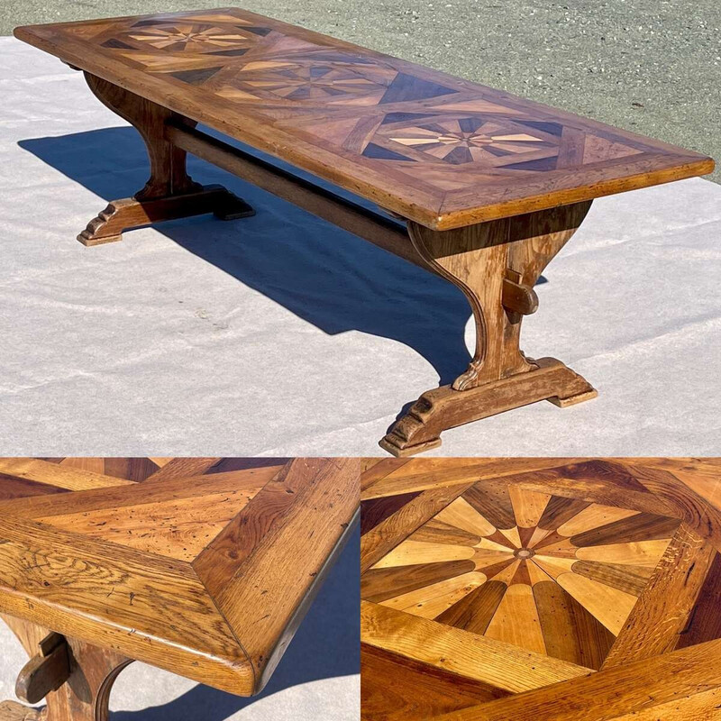 Vintage monastery table with inlaid top and oak base, 1930