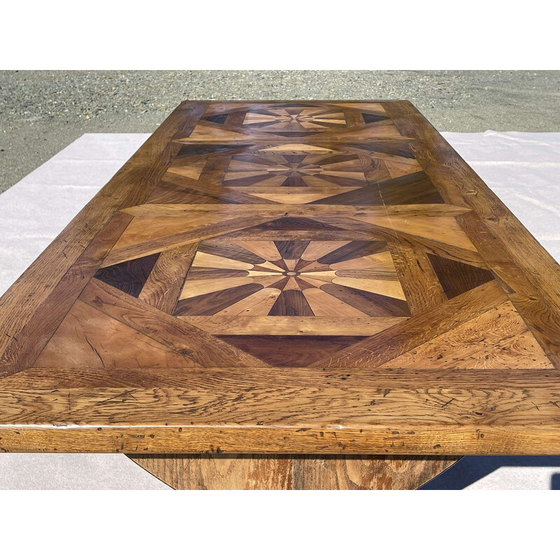 Vintage monastery table with inlaid top and oak base, 1930