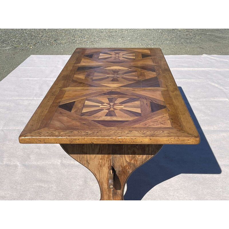 Vintage monastery table with inlaid top and oak base, 1930