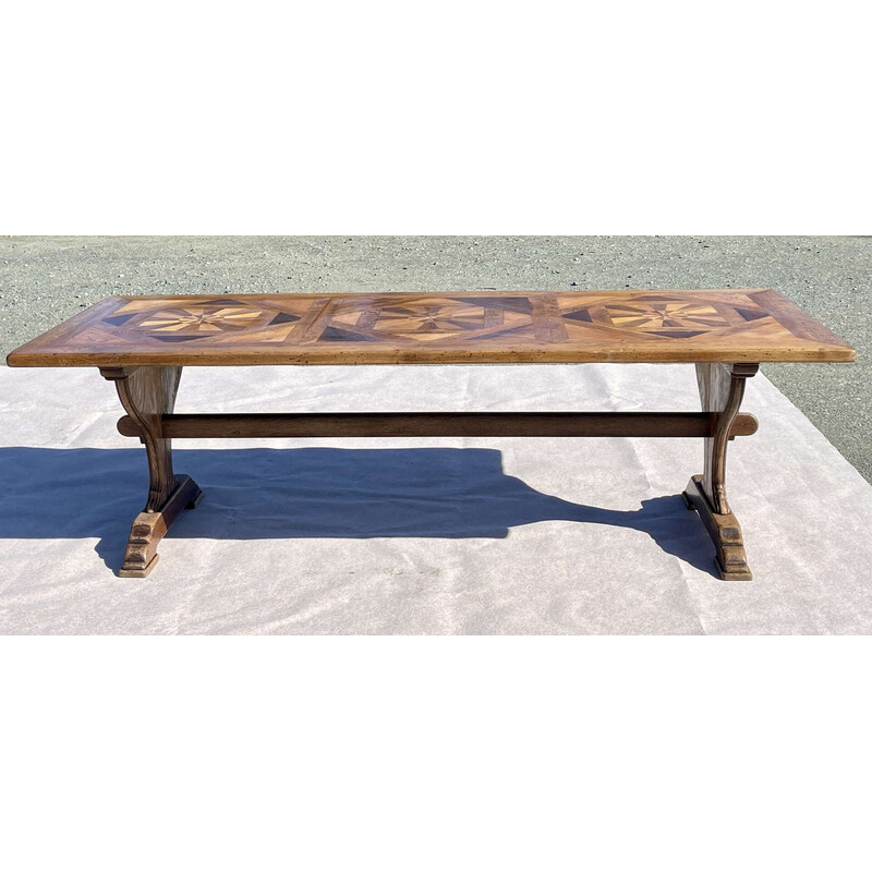 Vintage monastery table with inlaid top and oak base, 1930