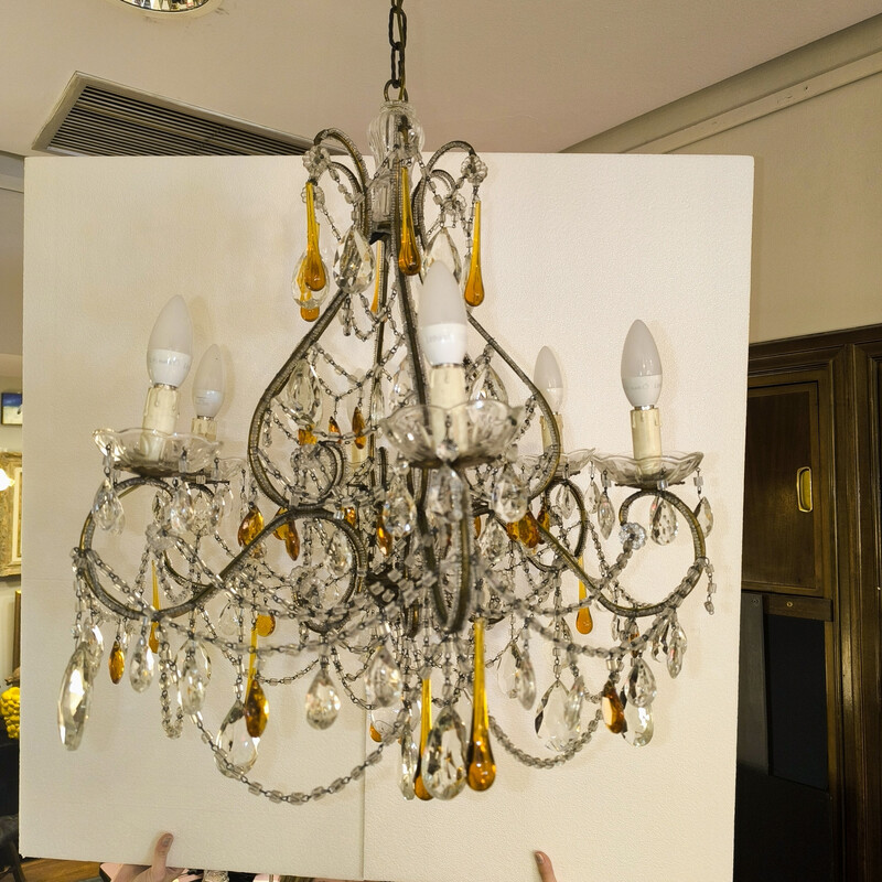 Vintage chandelier in metal and cut glass, Italy 1950