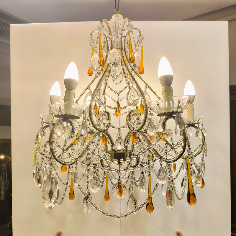 Vintage chandelier in metal and cut glass, Italy 1950