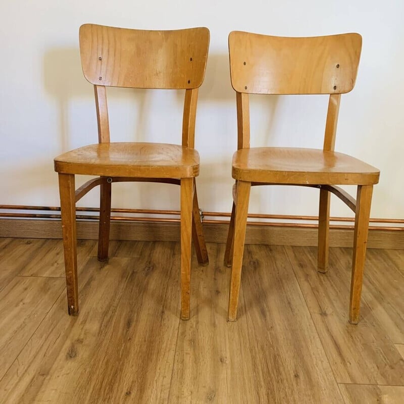 Paire de chaises bistrot vintage en hêtre blond pour Thonet