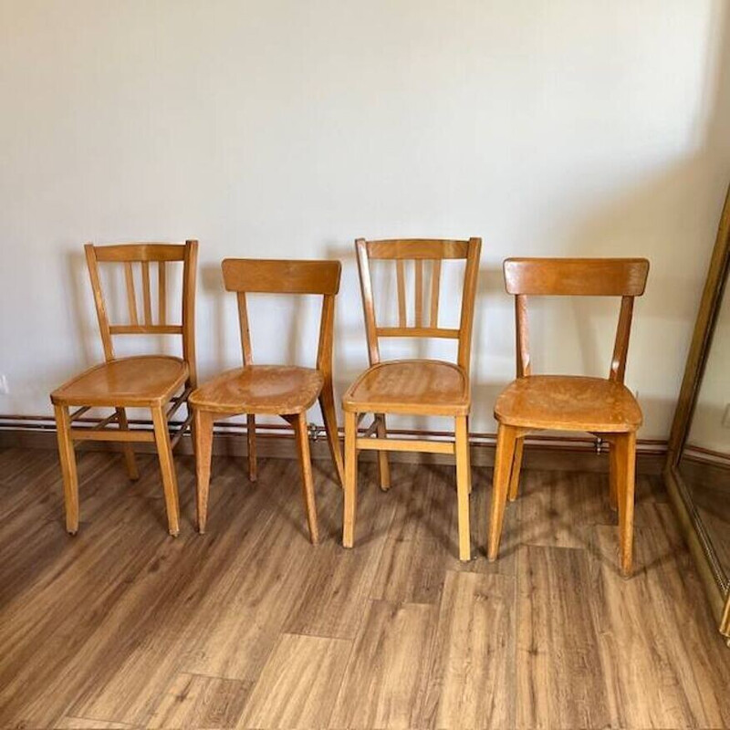 Set of 4 vintage bistro chairs in honey-colored blond beech