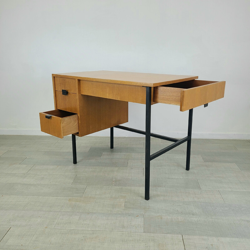 Vintage desk in oak veneer and black steel by Jacques Hitier for Multiplex, 1958
