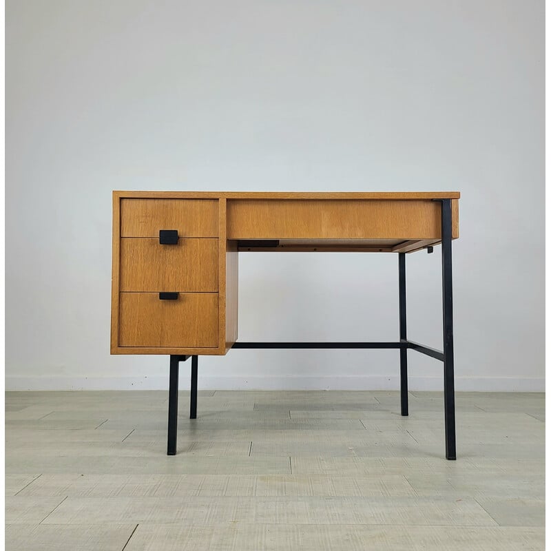 Vintage desk in oak veneer and black steel by Jacques Hitier for Multiplex, 1958
