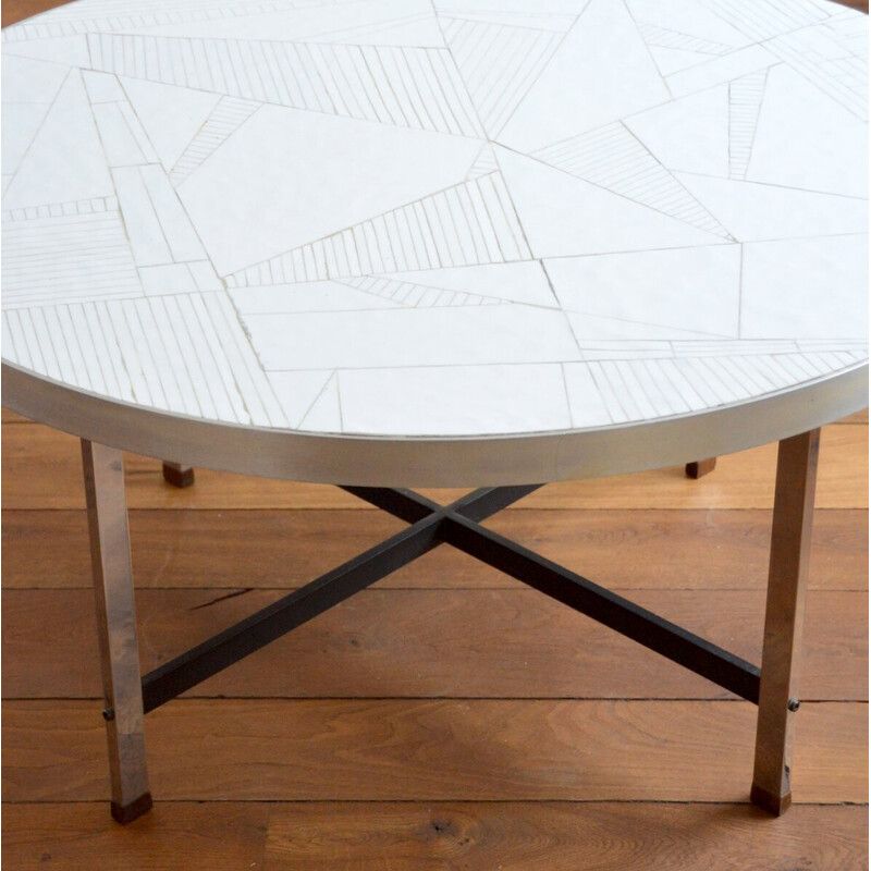 Tavolino vintage rotondo in metallo cromato e ceramica di Berthold Muller Oerlinghausen, 1960