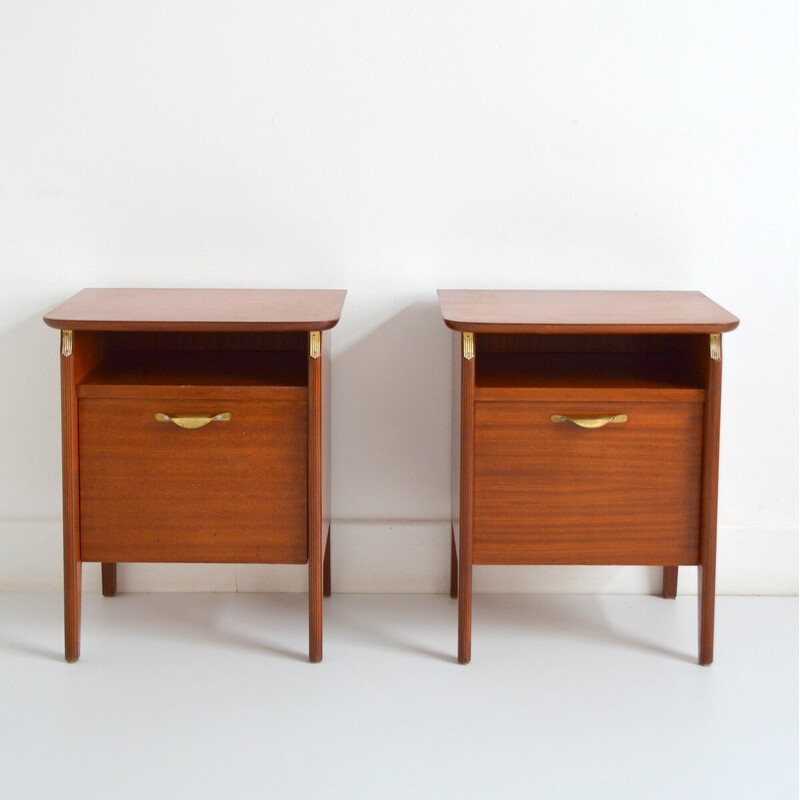 Pair of vintage bedside tables with handles and brass ornament, 1960