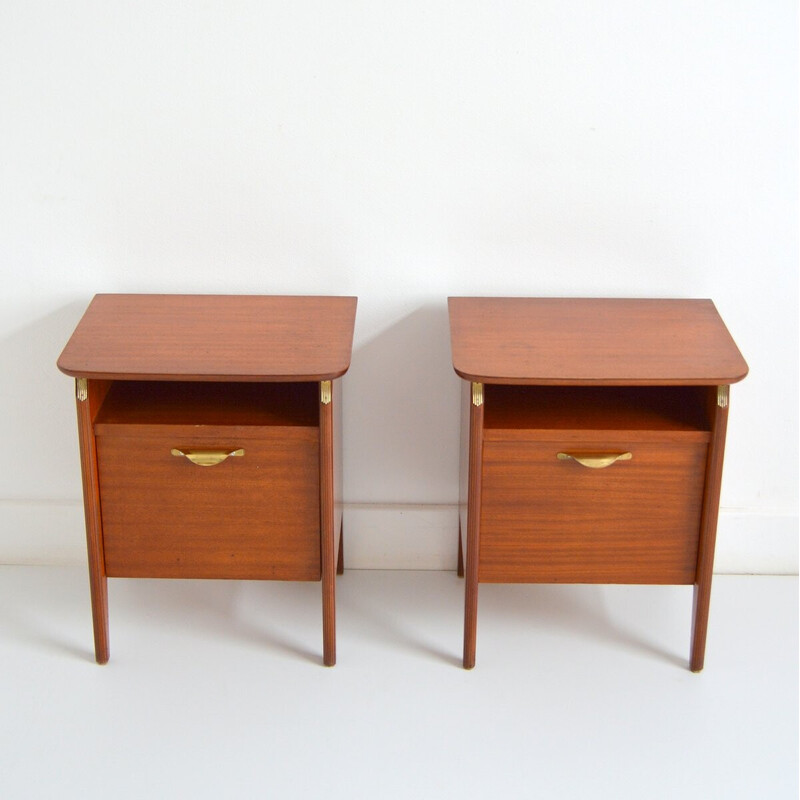 Pair of vintage bedside tables with handles and brass ornament, 1960