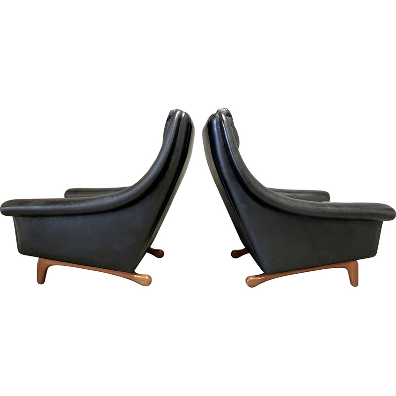 Pair of vintage teak and black leather armchairs by Aage Christiansen, 1950