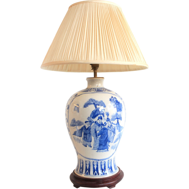 Lampe de table vintage en porcelaine bleu et blanc