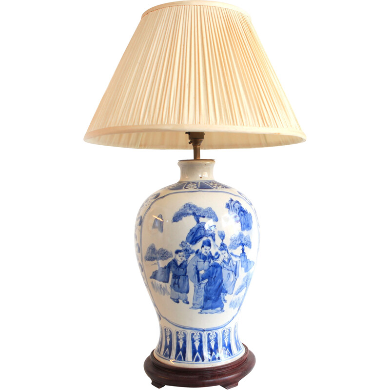 Vintage Tischlampe aus blauem und weißem Porzellan
