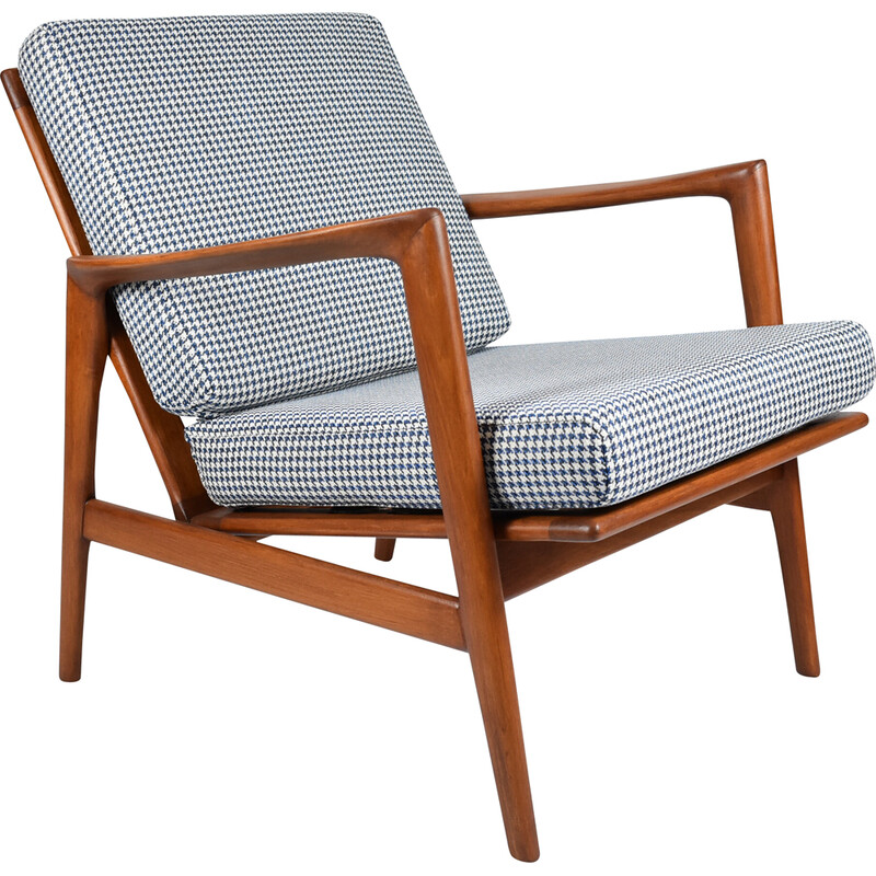 Vintage houndstooth armchair in teak stain and fabric for Swarzędz, 1960