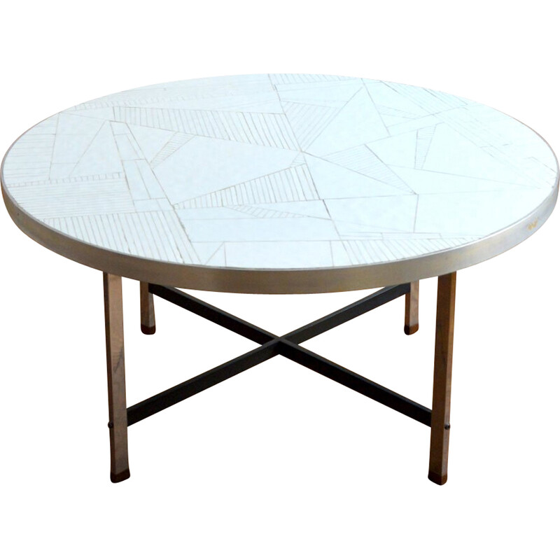 Vintage round coffee table in chrome metal steel and ceramic by Berthold Muller Oerlinghausen, 1960