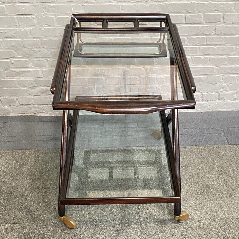 Vintage bar cart in stained beech wood and glass by Cesare Lacca for Cassina, Italy 1950
