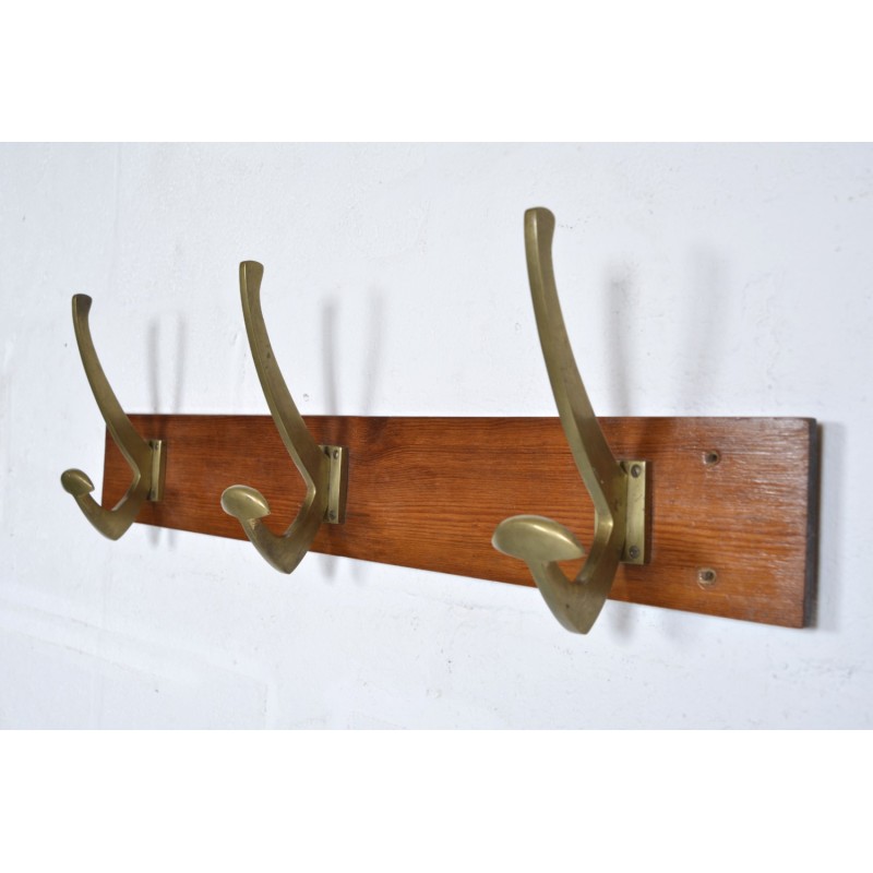 Vintage coat rack with 3 brass hooks, 1950