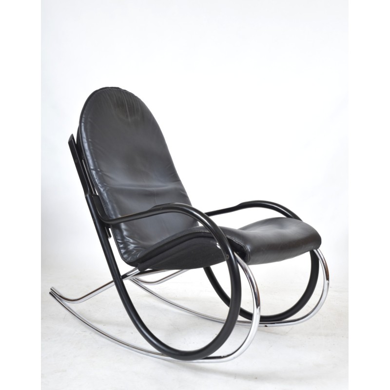 Vintage Nonna schommelstoel in zwart gebogen hout en leer van Paul Tuttle voor Strässle International, Zwitserland 1970