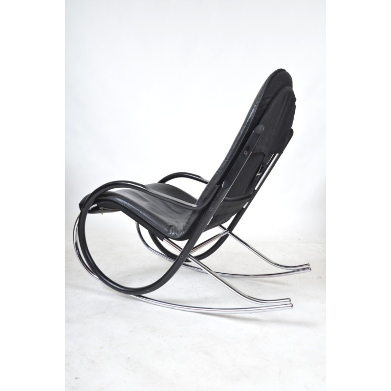 Vintage Nonna rocking chair in blackened bentwood and leather by Paul Tuttle for Strässle International, Switzerland 1970
